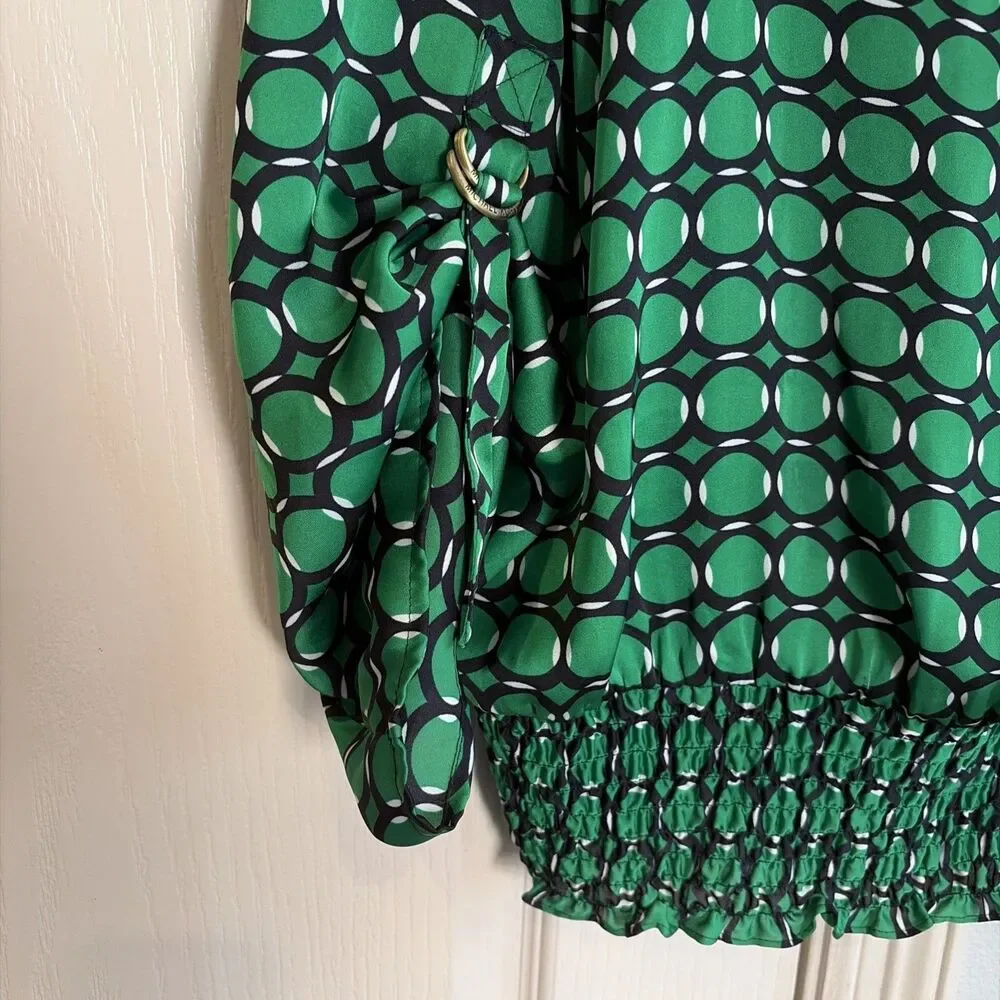 Michael Kors Womens XL Green Geometric Print Blouse Smocked Waist Long Sleeve